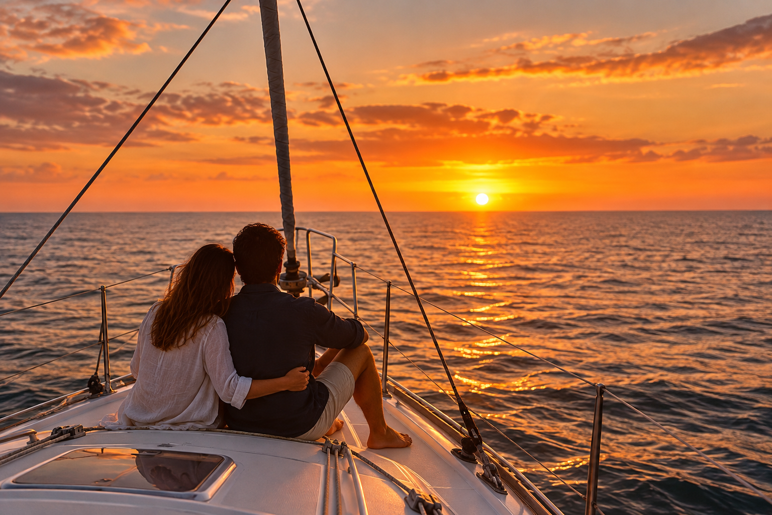 Illustrative image of a couple embracing on a sailboat deck at sunset