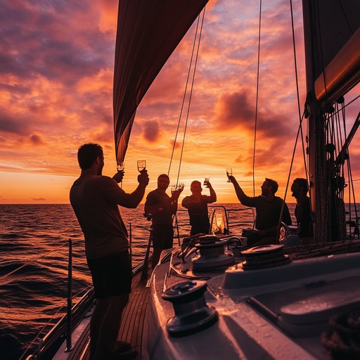 Silhouettes of guests raising their glasses aboard a sailboat beneath a colorful sunset