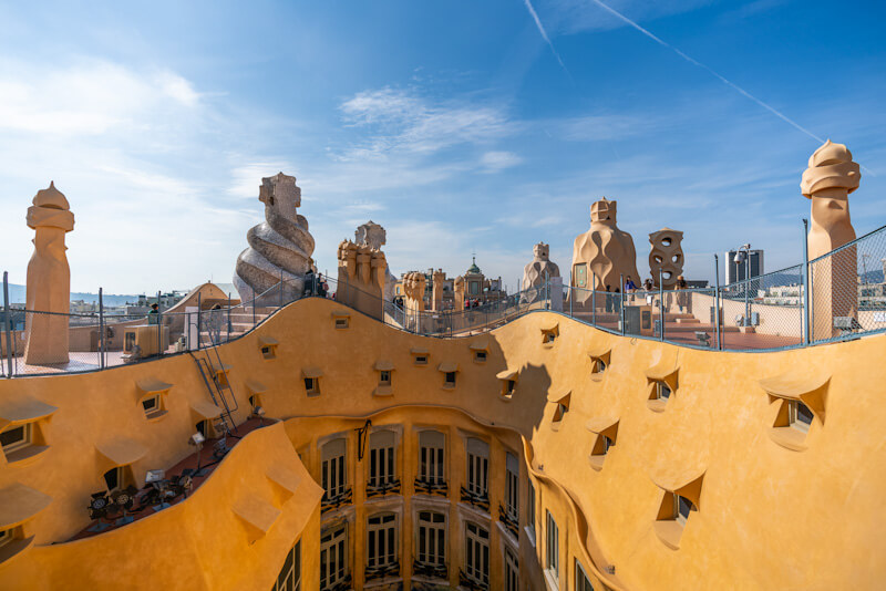 Gaudí’s sculptural chimneys on the rooftop of Casa Milà in Barcelona
