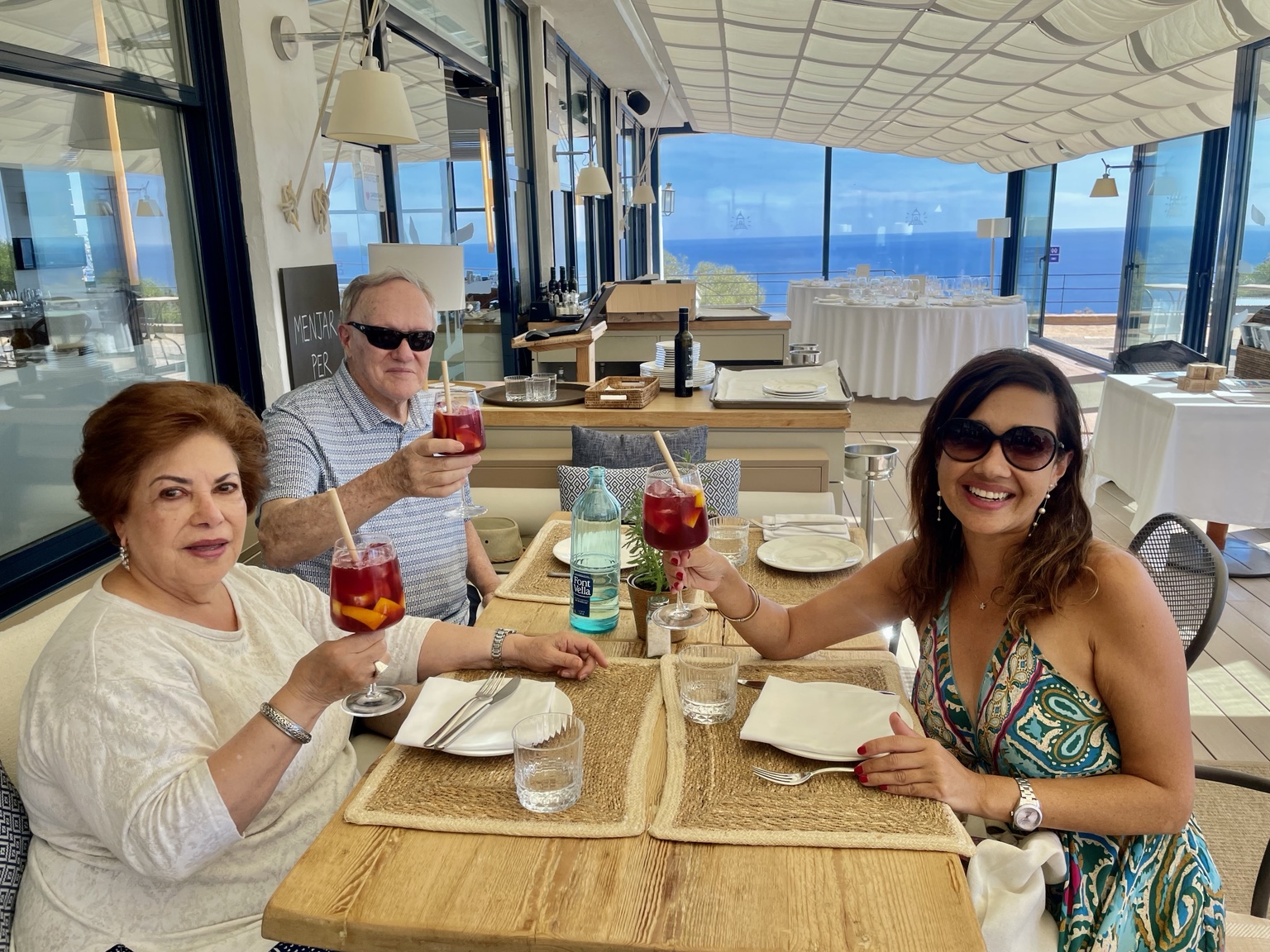 Juliana and two travelers raising their glasses during a seaside lunch