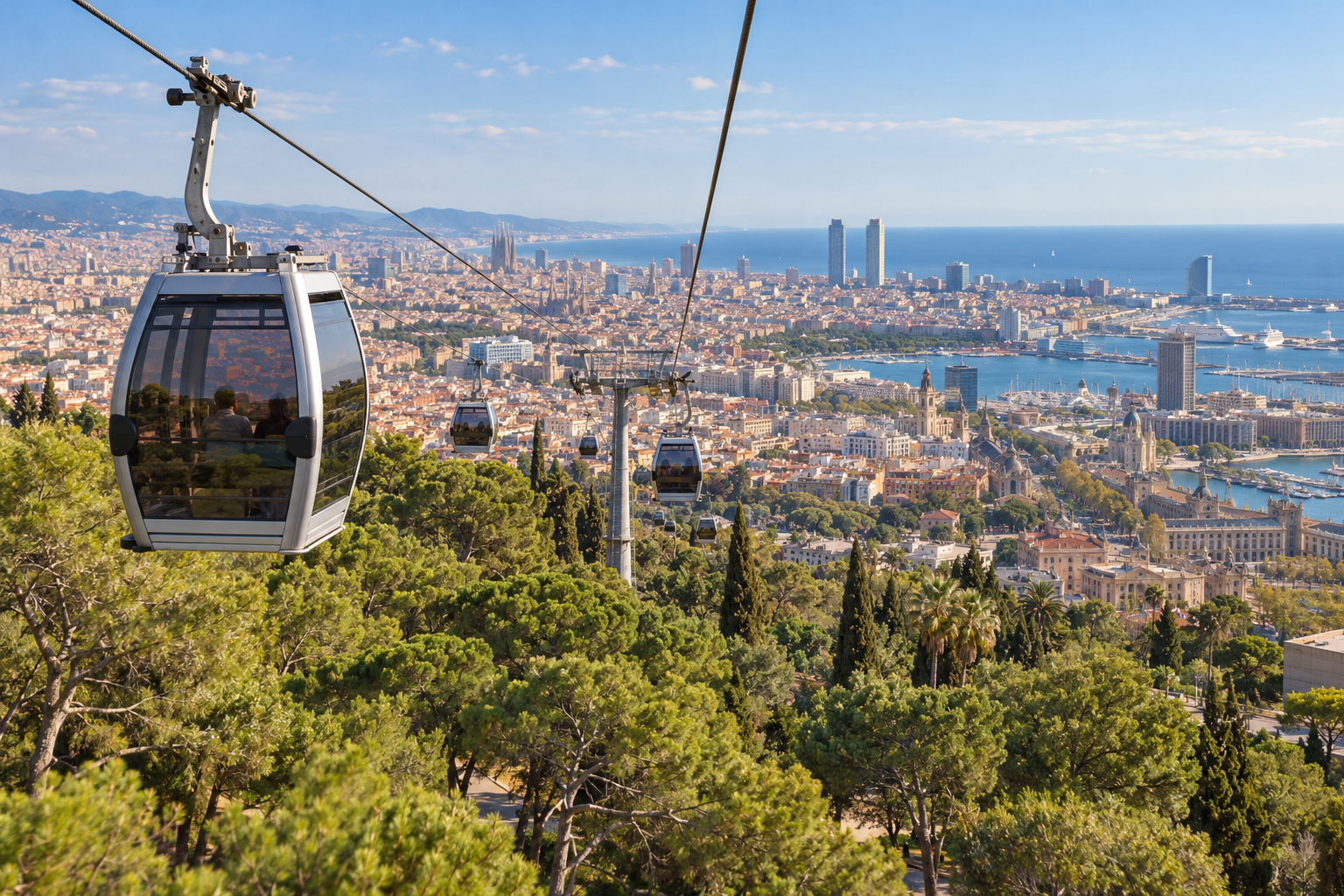 Generated illustration of a Montjuïc cable car with Barcelona and the Mediterranean in the distance