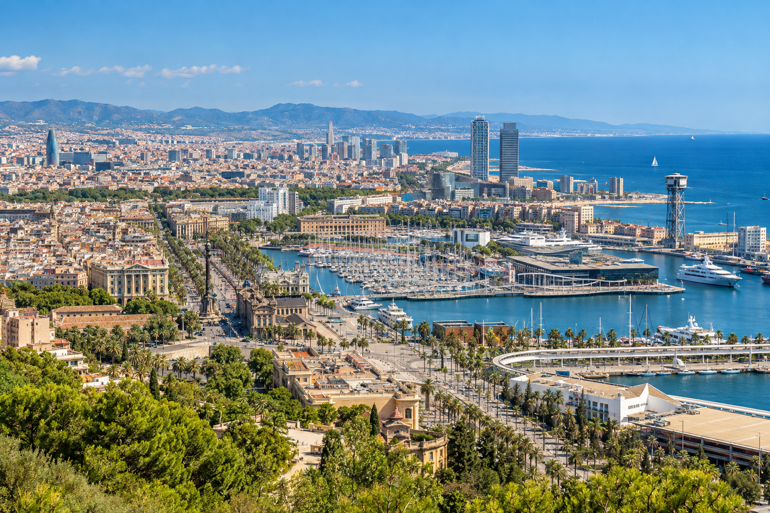 Generated illustration of Barcelona and the Mediterranean viewed from Montjuïc