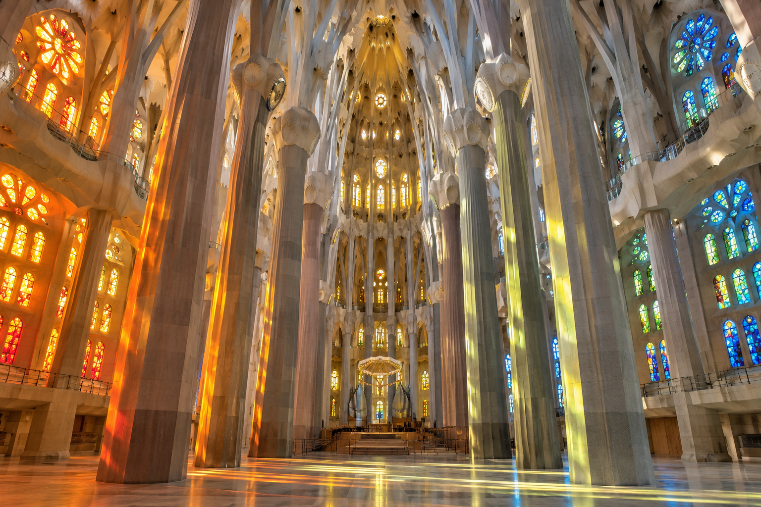 Generated illustration of the Sagrada Família interior with branching columns and colored light