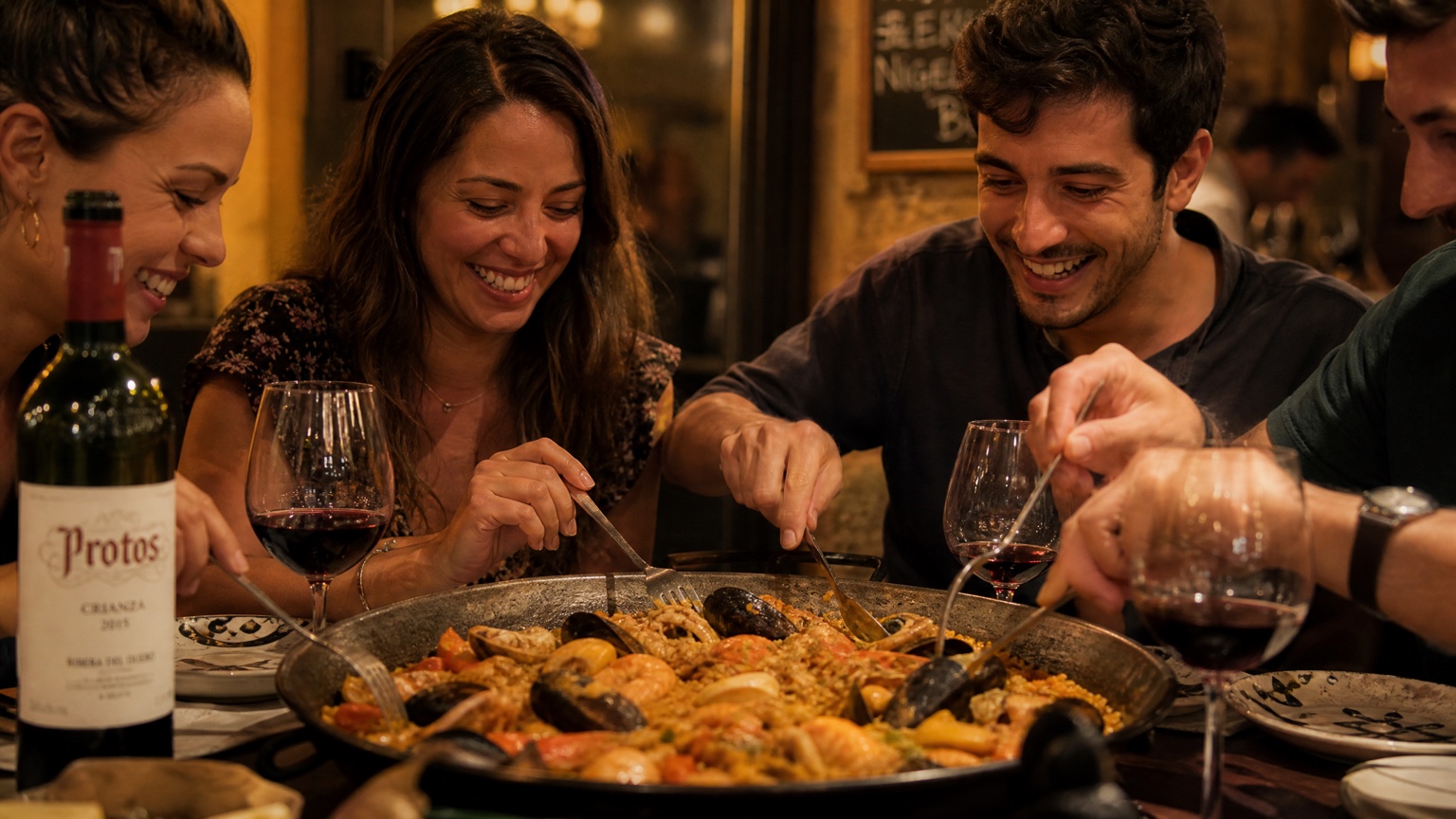 Guests smiling as they share paella and red wine