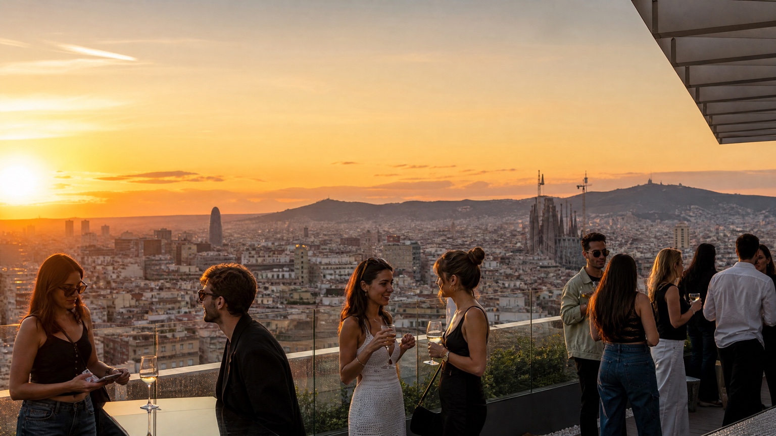Guests enjoying drinks on a rooftop overlooking Barcelona at sunset